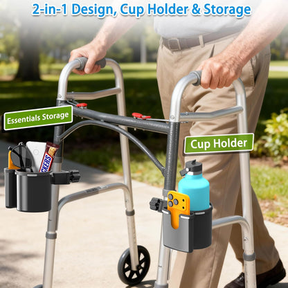 Universal Clamp-on 2-in-1 Cup Holder & Phone Holder for Stroller, Walker, Wheelchair, Fits 12oz-40oz Drinks, Multifunctional Storage Organizer, Perfect for Bikes, Motorcycle, Scooters, 1 Pack
