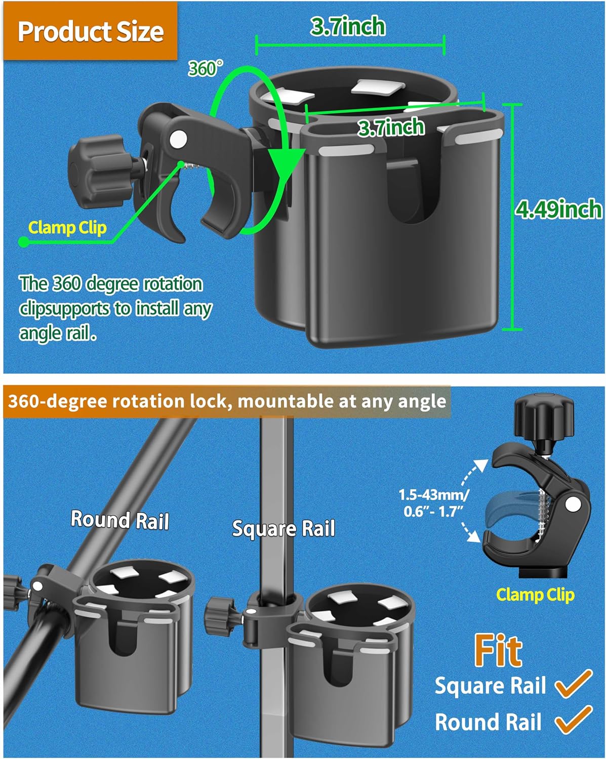 Universal Clamp-on 2-in-1 Cup Holder & Phone Holder for Stroller, Walker, Wheelchair, Fits 12oz-40oz Drinks, Multifunctional Storage Organizer, Perfect for Bikes, Motorcycle, Scooters, 1 Pack