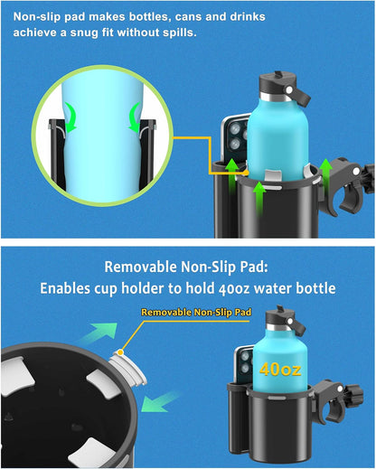 Universal Clamp-on 2-in-1 Cup Holder & Phone Holder for Stroller, Walker, Wheelchair, Fits 12oz-40oz Drinks, Multifunctional Storage Organizer, Perfect for Bikes, Motorcycle, Scooters, 1 Pack