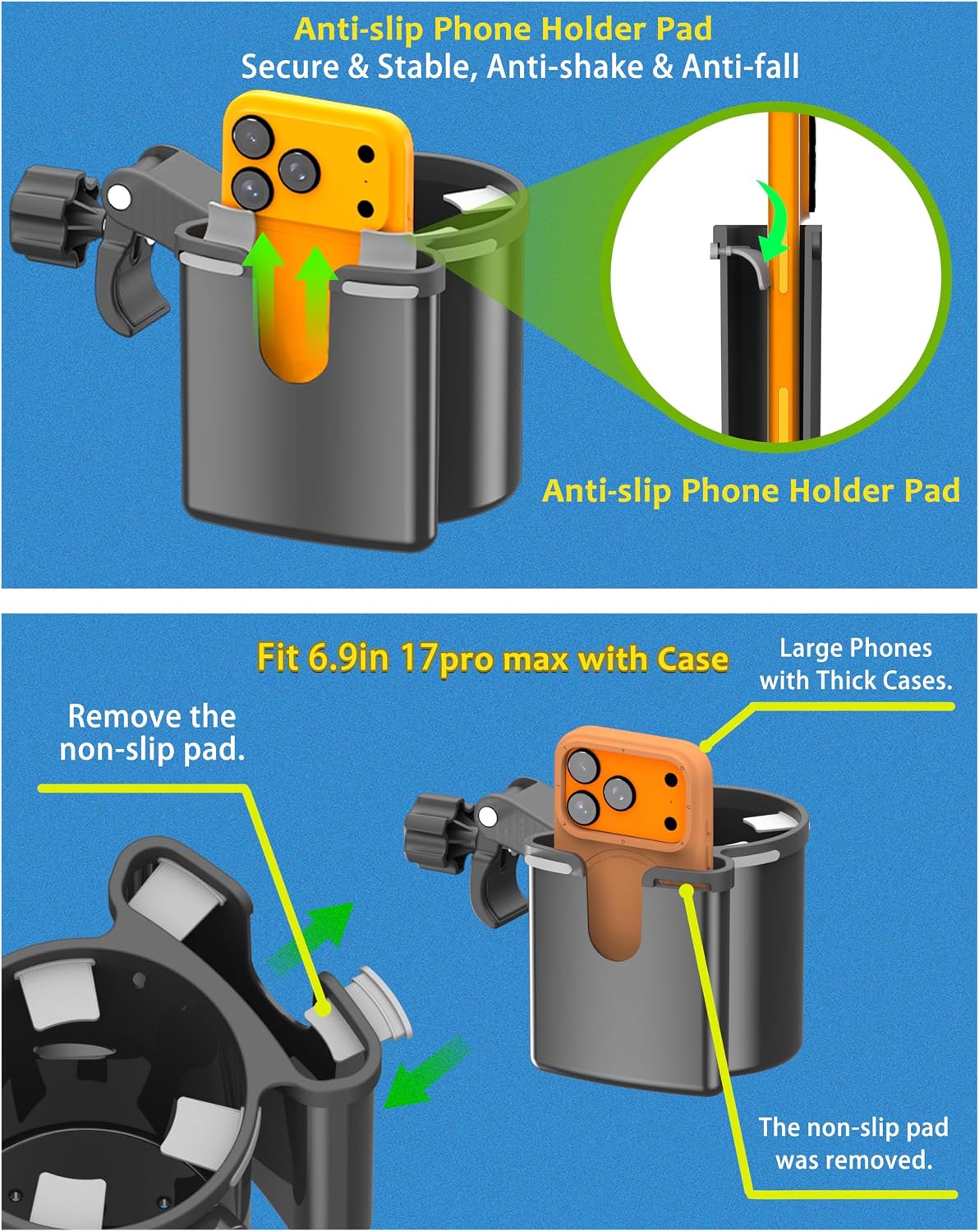 Universal Clamp-on 2-in-1 Cup Holder & Phone Holder for Stroller, Walker, Wheelchair, Fits 12oz-40oz Drinks, Multifunctional Storage Organizer, Perfect for Bikes, Motorcycle, Scooters, 1 Pack