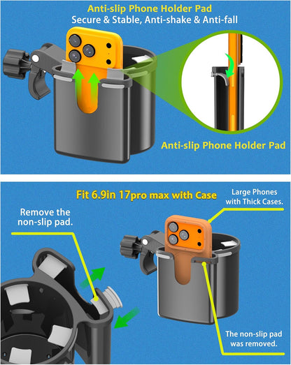 Universal Clamp-on 2-in-1 Cup Holder & Phone Holder for Stroller, Walker, Wheelchair, Fits 12oz-40oz Drinks, Multifunctional Storage Organizer, Perfect for Bikes, Motorcycle, Scooters, 1 Pack
