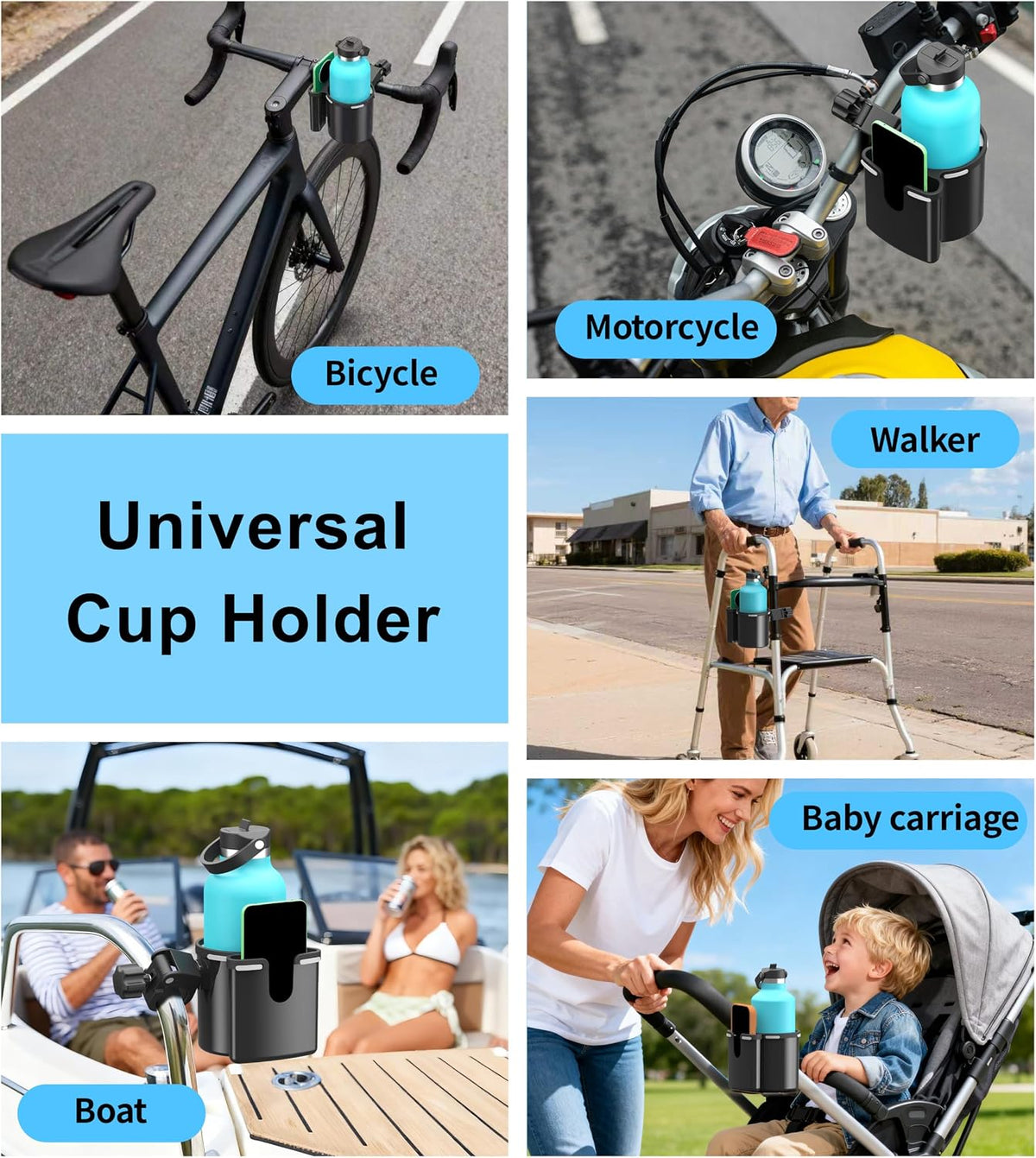 Universal Clamp-on 2-in-1 Cup Holder & Phone Holder for Stroller, Walker, Wheelchair, Fits 12oz-40oz Drinks, Multifunctional Storage Organizer, Perfect for Bikes, Motorcycle, Scooters, 1 Pack