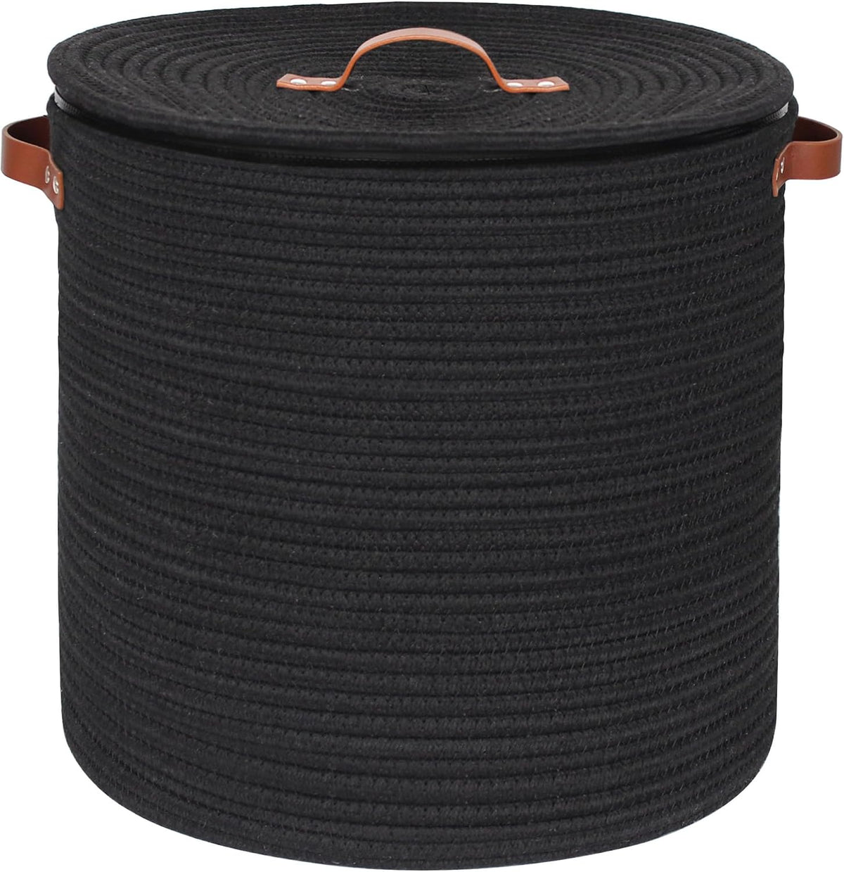 Storage Basket with Lid, 15"x13" Round Woven Blanket Storage for Living Room, Decorative Cotton Rope Hamper with Zipper Top, Wicker Basket with Lid, Floor Covered Kids Dog Toy Bin