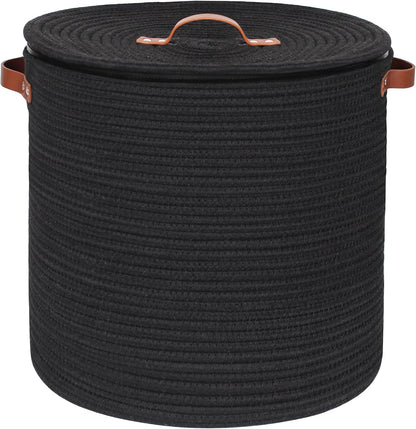 Storage Basket with Lid, 15"x13" Round Woven Blanket Storage for Living Room, Decorative Cotton Rope Hamper with Zipper Top, Wicker Basket with Lid, Floor Covered Kids Dog Toy Bin