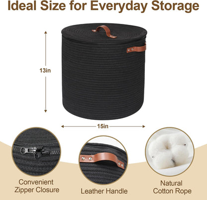 Storage Basket with Lid, 15"x13" Round Woven Blanket Storage for Living Room, Decorative Cotton Rope Hamper with Zipper Top, Wicker Basket with Lid, Floor Covered Kids Dog Toy Bin