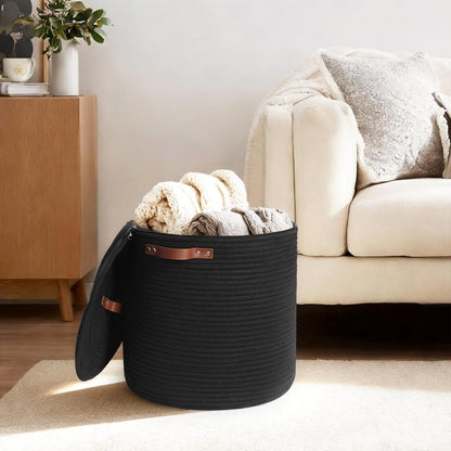 Storage Basket with Lid, 15"x13" Round Woven Blanket Storage for Living Room, Decorative Cotton Rope Hamper with Zipper Top, Wicker Basket with Lid, Floor Covered Kids Dog Toy Bin