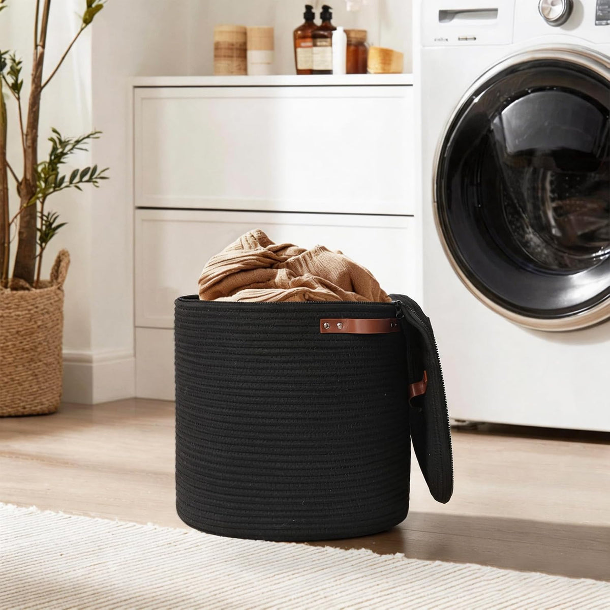 Storage Basket with Lid, 15"x13" Round Woven Blanket Storage for Living Room, Decorative Cotton Rope Hamper with Zipper Top, Wicker Basket with Lid, Floor Covered Kids Dog Toy Bin