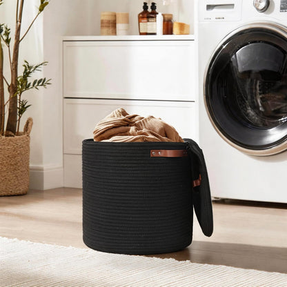 Storage Basket with Lid, 15"x13" Round Woven Blanket Storage for Living Room, Decorative Cotton Rope Hamper with Zipper Top, Wicker Basket with Lid, Floor Covered Kids Dog Toy Bin