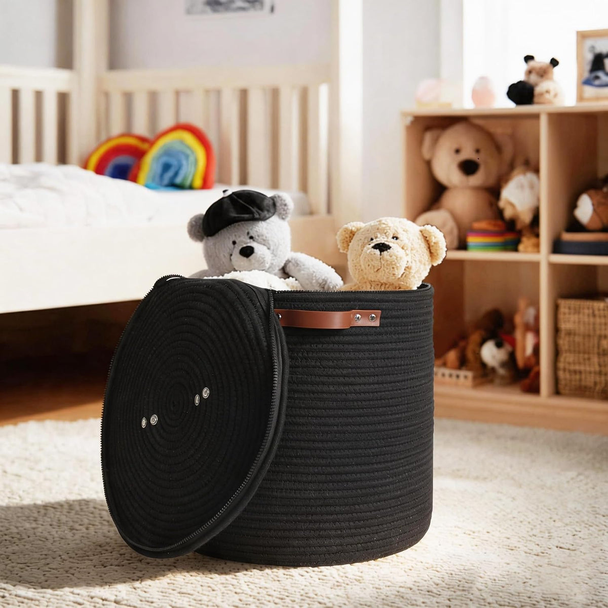 Storage Basket with Lid, 15"x13" Round Woven Blanket Storage for Living Room, Decorative Cotton Rope Hamper with Zipper Top, Wicker Basket with Lid, Floor Covered Kids Dog Toy Bin