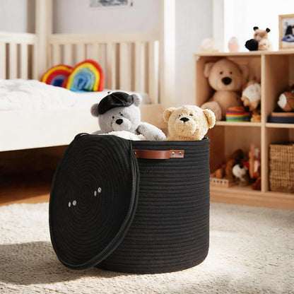 Storage Basket with Lid, 15"x13" Round Woven Blanket Storage for Living Room, Decorative Cotton Rope Hamper with Zipper Top, Wicker Basket with Lid, Floor Covered Kids Dog Toy Bin