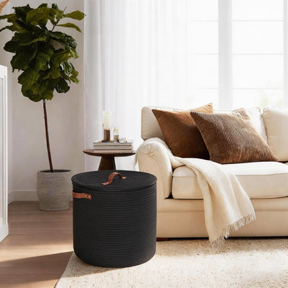 Storage Basket with Lid, 15"x13" Round Woven Blanket Storage for Living Room, Decorative Cotton Rope Hamper with Zipper Top, Wicker Basket with Lid, Floor Covered Kids Dog Toy Bin