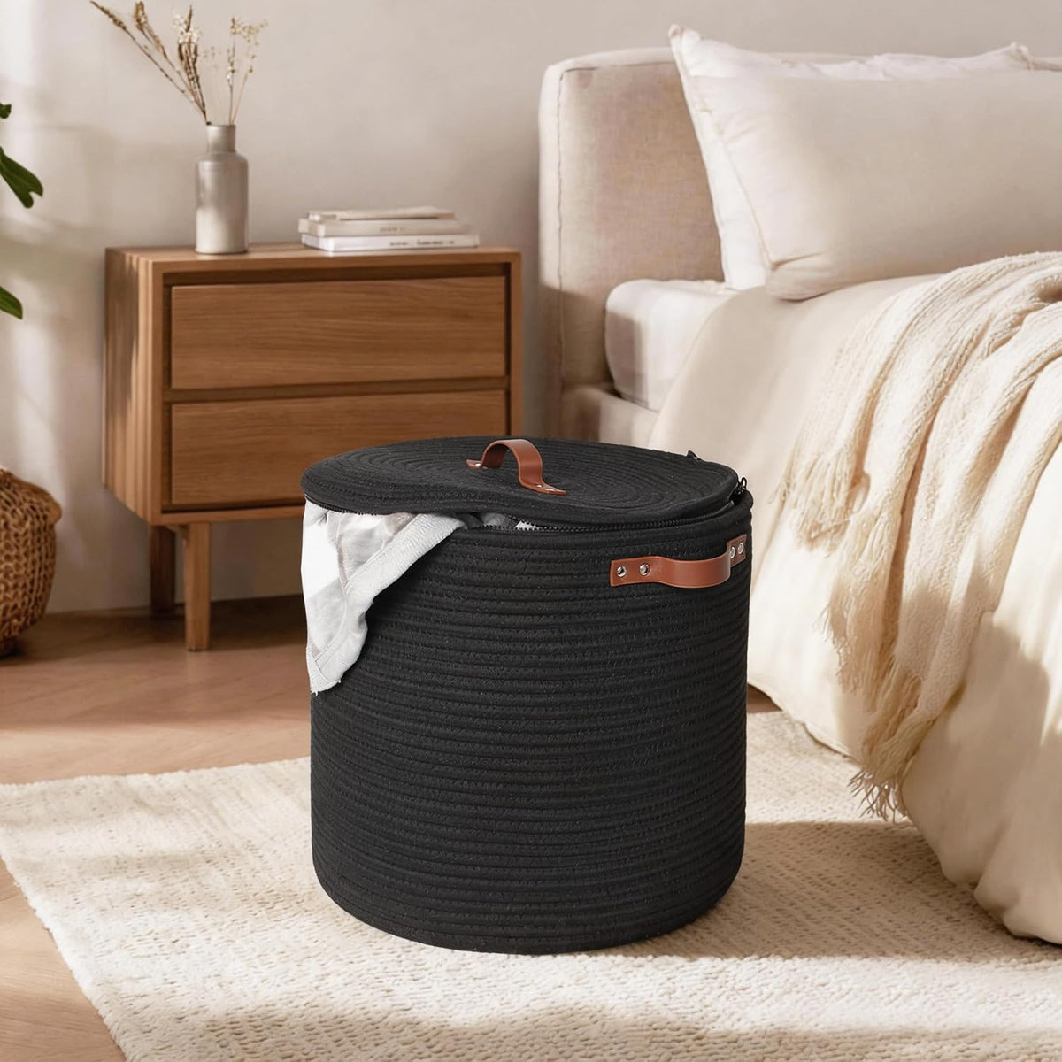 Storage Basket with Lid, 15"x13" Round Woven Blanket Storage for Living Room, Decorative Cotton Rope Hamper with Zipper Top, Wicker Basket with Lid, Floor Covered Kids Dog Toy Bin