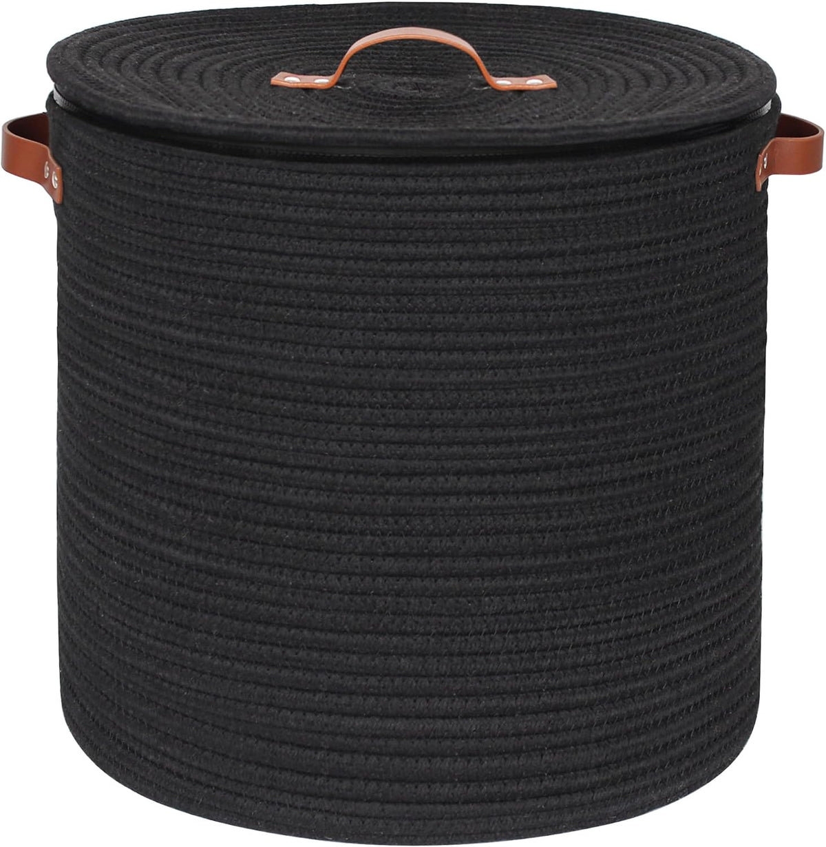 Storage Basket with Lid, 15"x13" Round Woven Blanket Storage for Living Room, Decorative Cotton Rope Hamper with Zipper Top, Wicker Basket with Lid, Floor Covered Kids Dog Toy Bin