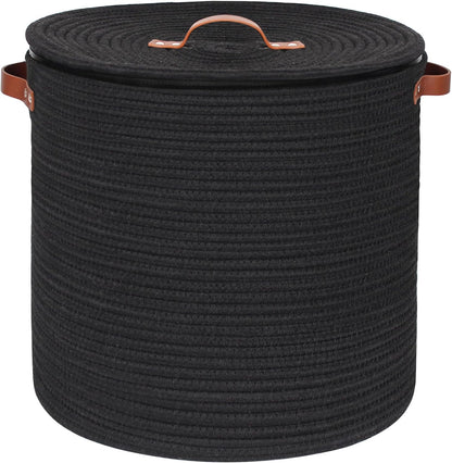 Storage Basket with Lid, 15"x13" Round Woven Blanket Storage for Living Room, Decorative Cotton Rope Hamper with Zipper Top, Wicker Basket with Lid, Floor Covered Kids Dog Toy Bin