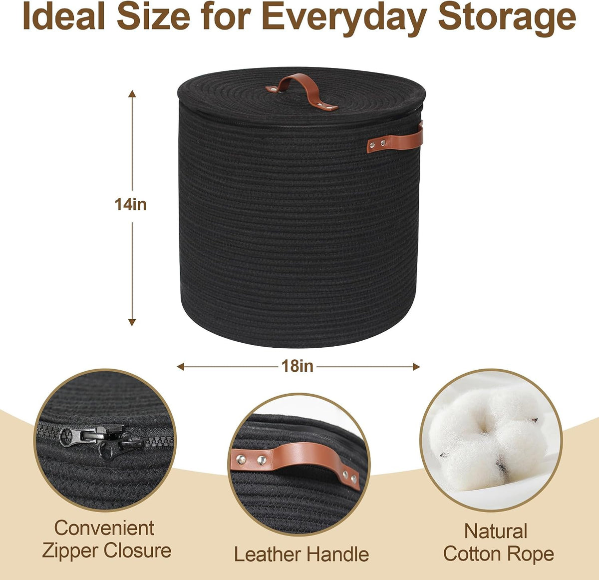 Storage Basket with Lid, 15"x13" Round Woven Blanket Storage for Living Room, Decorative Cotton Rope Hamper with Zipper Top, Wicker Basket with Lid, Floor Covered Kids Dog Toy Bin