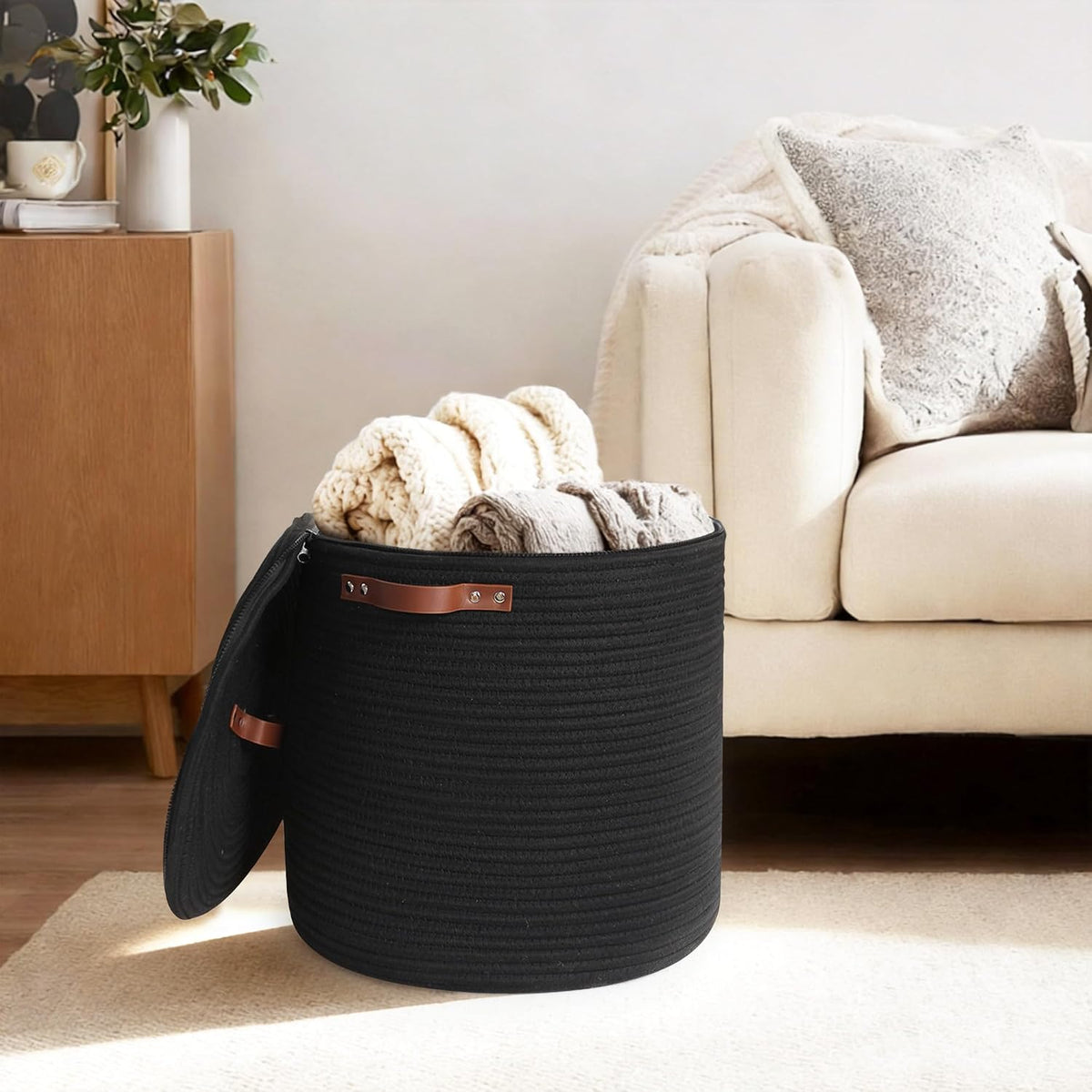 Storage Basket with Lid, 15"x13" Round Woven Blanket Storage for Living Room, Decorative Cotton Rope Hamper with Zipper Top, Wicker Basket with Lid, Floor Covered Kids Dog Toy Bin