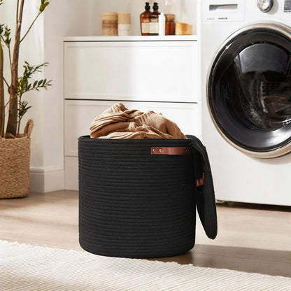 Storage Basket with Lid, 15"x13" Round Woven Blanket Storage for Living Room, Decorative Cotton Rope Hamper with Zipper Top, Wicker Basket with Lid, Floor Covered Kids Dog Toy Bin