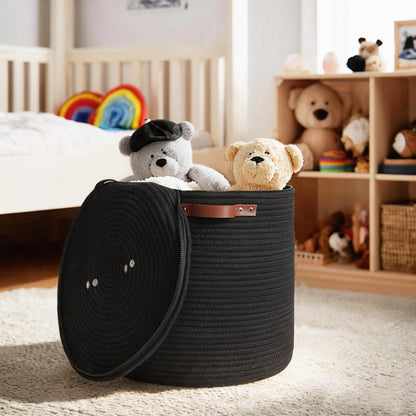 Storage Basket with Lid, 15"x13" Round Woven Blanket Storage for Living Room, Decorative Cotton Rope Hamper with Zipper Top, Wicker Basket with Lid, Floor Covered Kids Dog Toy Bin