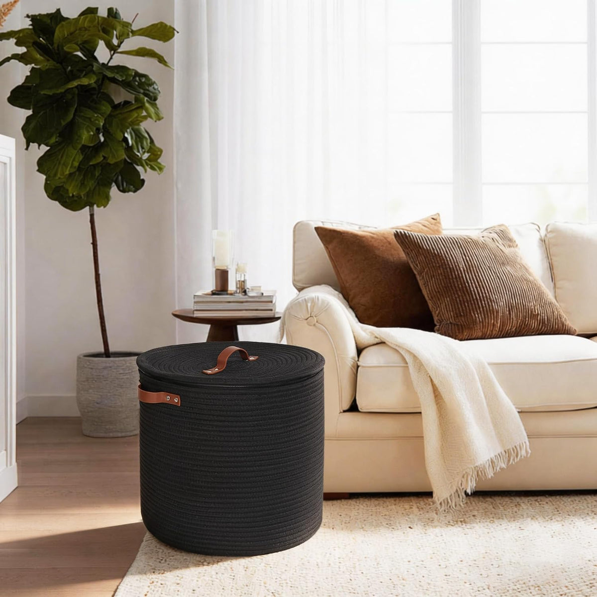 Storage Basket with Lid, 15"x13" Round Woven Blanket Storage for Living Room, Decorative Cotton Rope Hamper with Zipper Top, Wicker Basket with Lid, Floor Covered Kids Dog Toy Bin