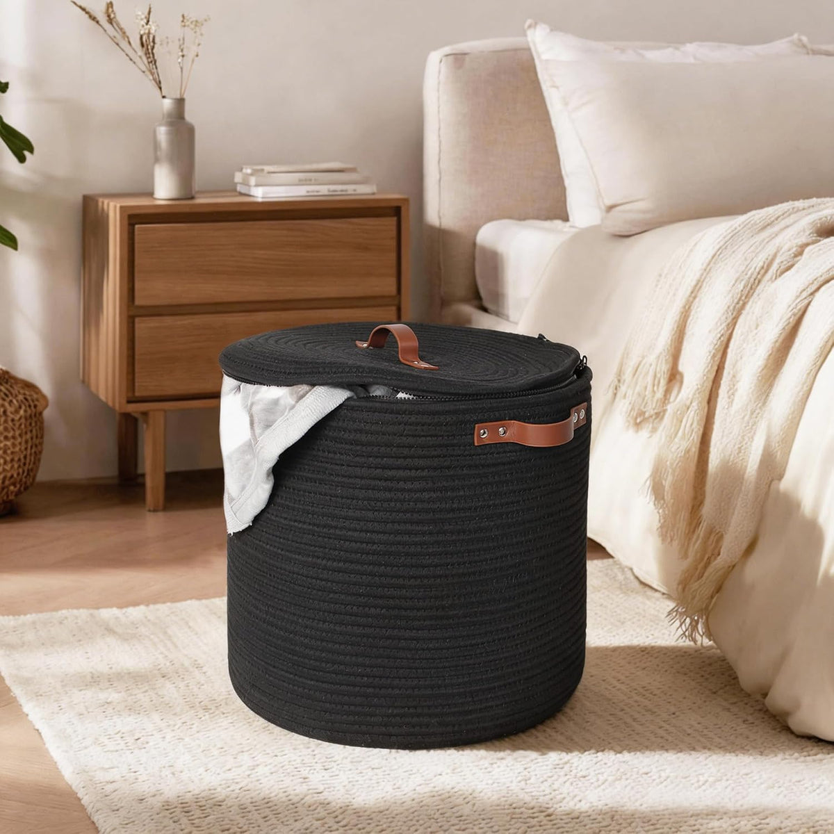 Storage Basket with Lid, 15"x13" Round Woven Blanket Storage for Living Room, Decorative Cotton Rope Hamper with Zipper Top, Wicker Basket with Lid, Floor Covered Kids Dog Toy Bin