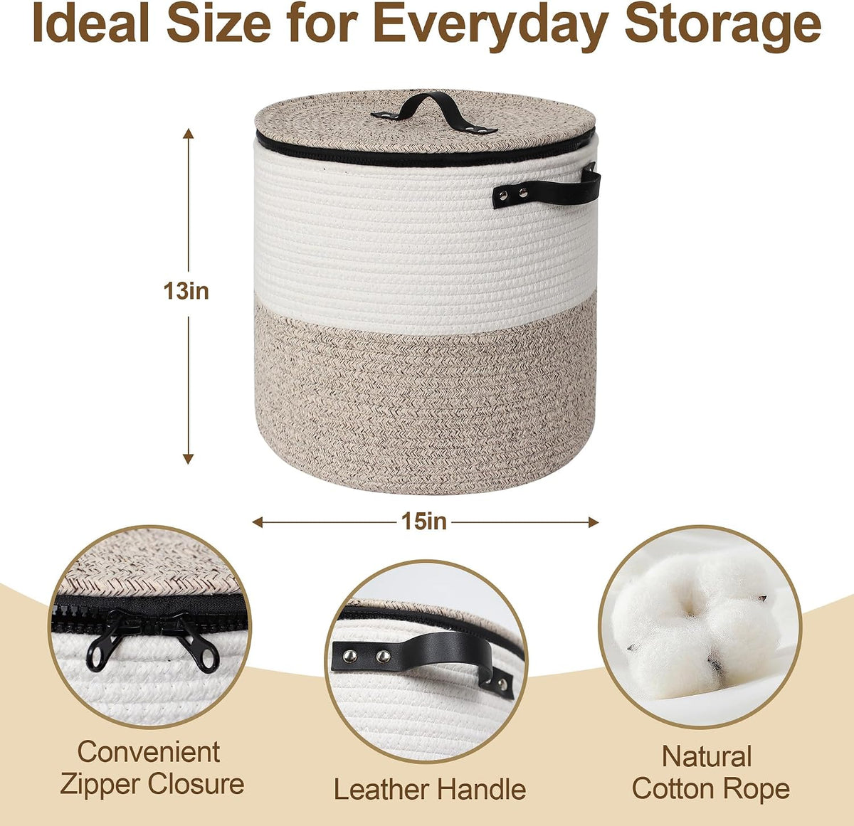 Storage Basket with Lid, 15"x13" Round Woven Blanket Storage for Living Room, Decorative Cotton Rope Hamper with Zipper Top, Wicker Basket with Lid, Floor Covered Kids Dog Toy Bin