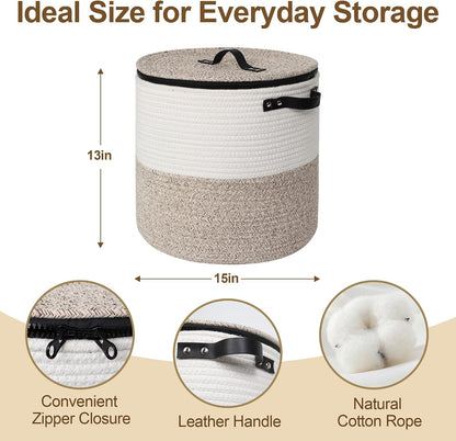Storage Basket with Lid, 15"x13" Round Woven Blanket Storage for Living Room, Decorative Cotton Rope Hamper with Zipper Top, Wicker Basket with Lid, Floor Covered Kids Dog Toy Bin