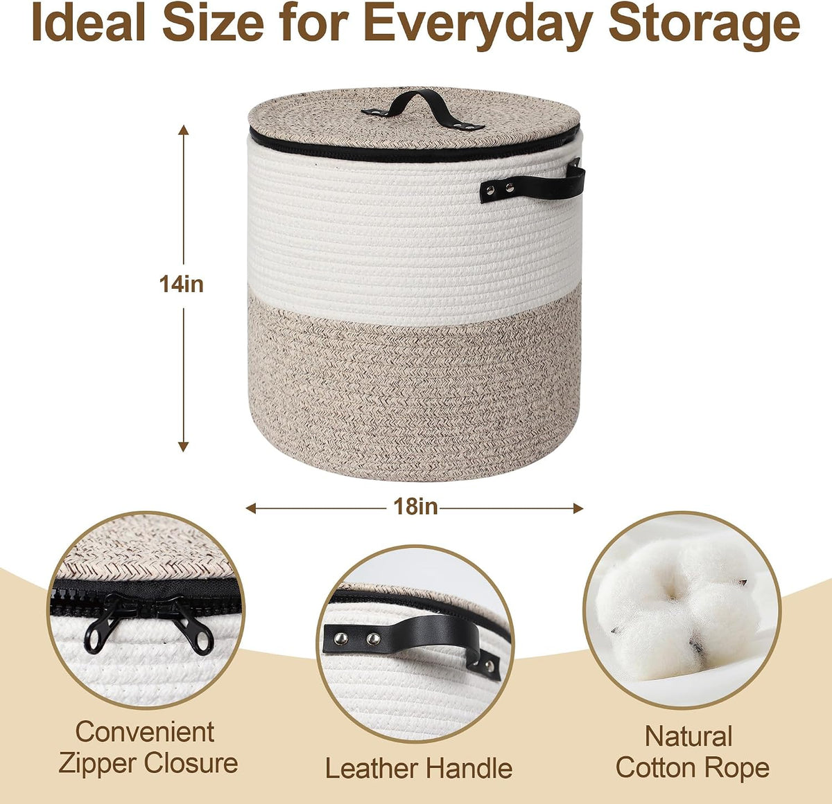 Storage Basket with Lid, 15"x13" Round Woven Blanket Storage for Living Room, Decorative Cotton Rope Hamper with Zipper Top, Wicker Basket with Lid, Floor Covered Kids Dog Toy Bin