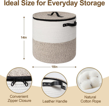 Storage Basket with Lid, 15"x13" Round Woven Blanket Storage for Living Room, Decorative Cotton Rope Hamper with Zipper Top, Wicker Basket with Lid, Floor Covered Kids Dog Toy Bin