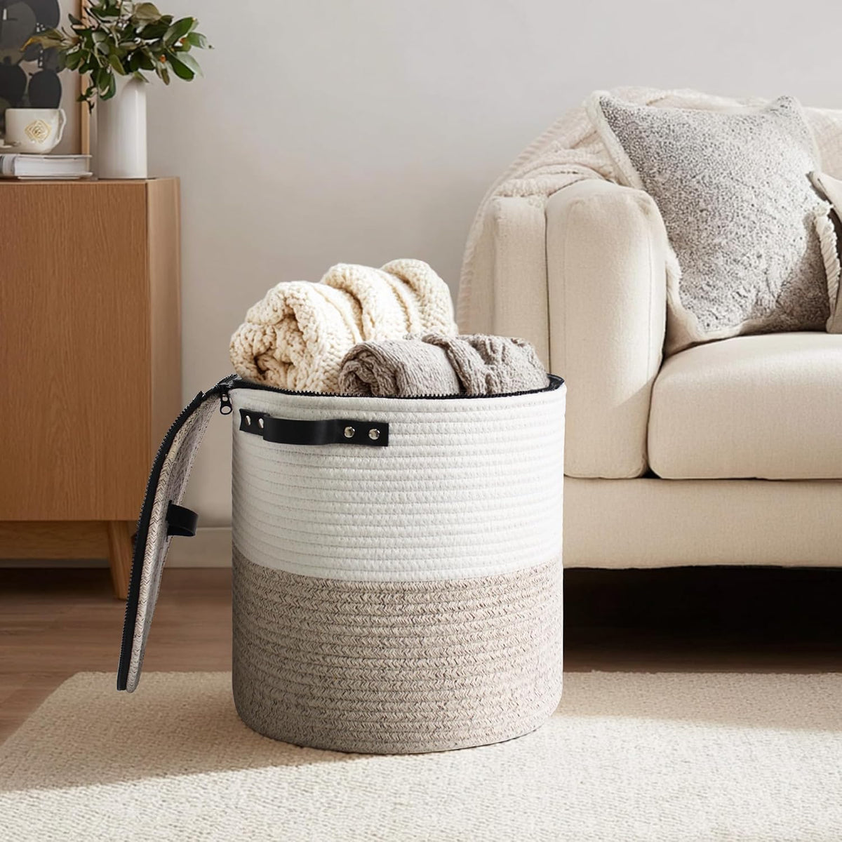 Storage Basket with Lid, 15"x13" Round Woven Blanket Storage for Living Room, Decorative Cotton Rope Hamper with Zipper Top, Wicker Basket with Lid, Floor Covered Kids Dog Toy Bin
