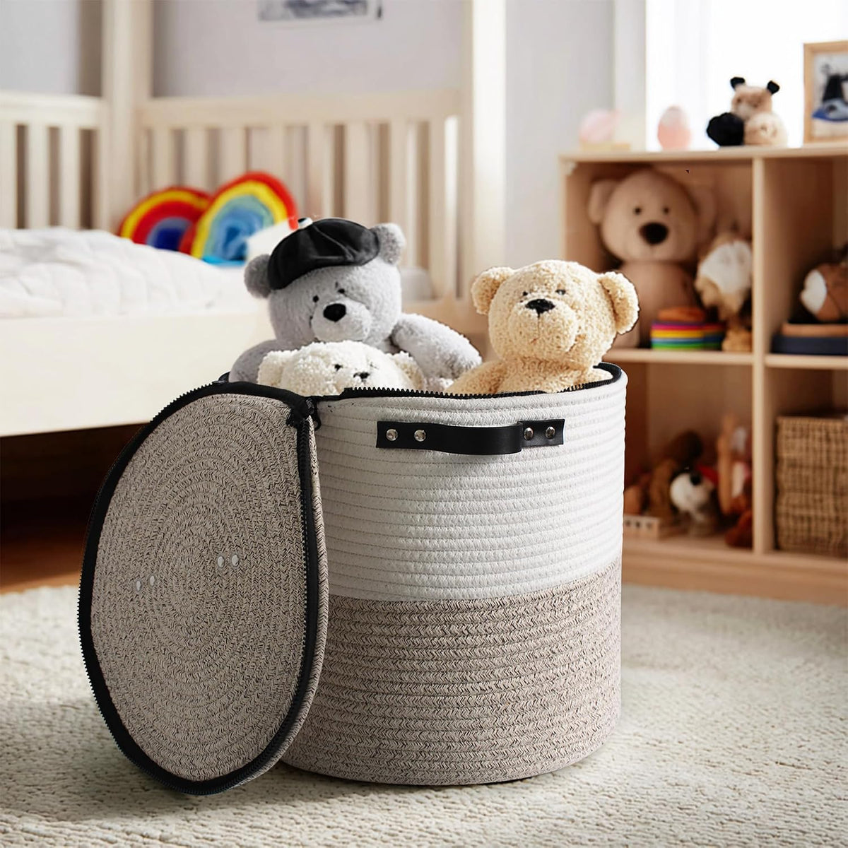Storage Basket with Lid, 15"x13" Round Woven Blanket Storage for Living Room, Decorative Cotton Rope Hamper with Zipper Top, Wicker Basket with Lid, Floor Covered Kids Dog Toy Bin