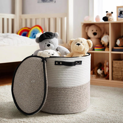 Storage Basket with Lid, 15"x13" Round Woven Blanket Storage for Living Room, Decorative Cotton Rope Hamper with Zipper Top, Wicker Basket with Lid, Floor Covered Kids Dog Toy Bin