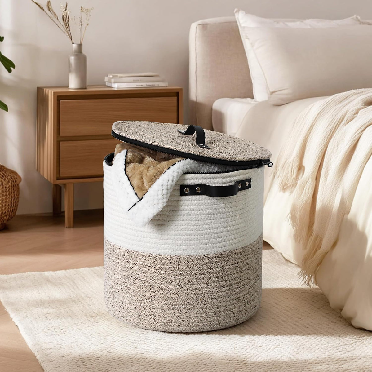 Storage Basket with Lid, 15"x13" Round Woven Blanket Storage for Living Room, Decorative Cotton Rope Hamper with Zipper Top, Wicker Basket with Lid, Floor Covered Kids Dog Toy Bin
