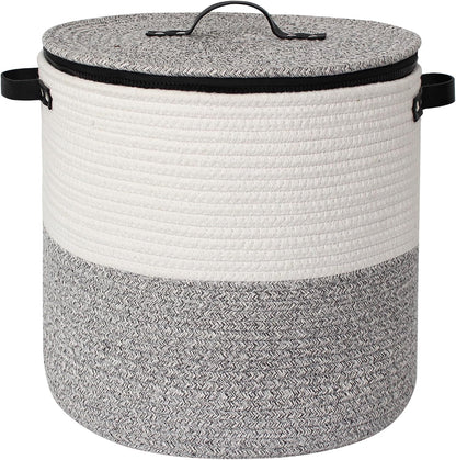 Storage Basket with Lid, 15"x13" Round Woven Blanket Storage for Living Room, Decorative Cotton Rope Hamper with Zipper Top, Wicker Basket with Lid, Floor Covered Kids Dog Toy Bin