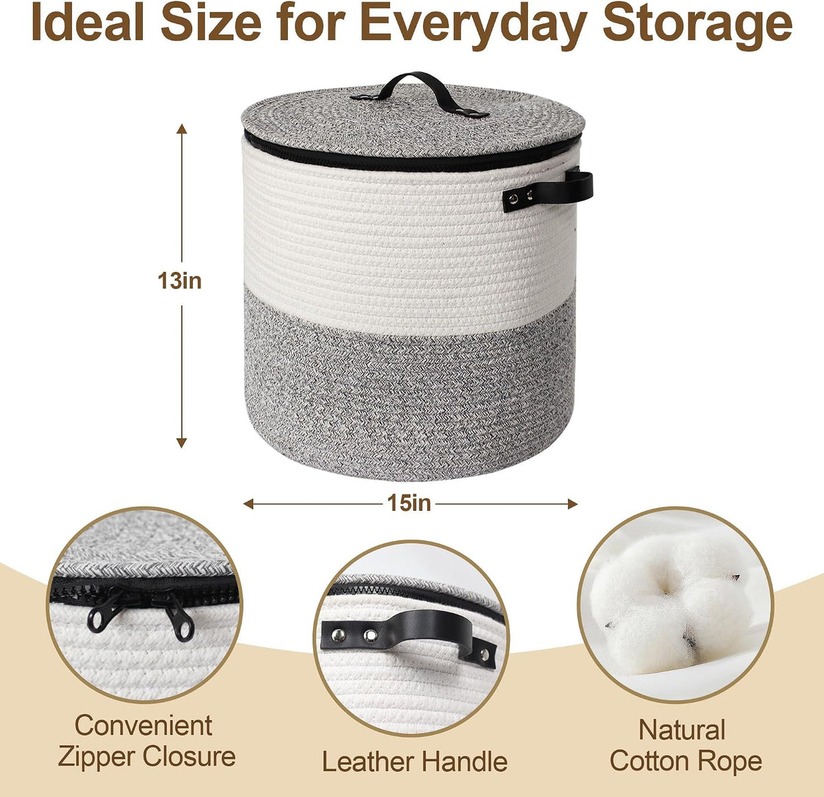 Storage Basket with Lid, 15"x13" Round Woven Blanket Storage for Living Room, Decorative Cotton Rope Hamper with Zipper Top, Wicker Basket with Lid, Floor Covered Kids Dog Toy Bin