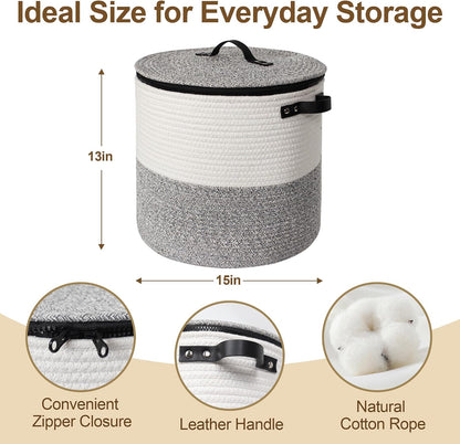 Storage Basket with Lid, 15"x13" Round Woven Blanket Storage for Living Room, Decorative Cotton Rope Hamper with Zipper Top, Wicker Basket with Lid, Floor Covered Kids Dog Toy Bin