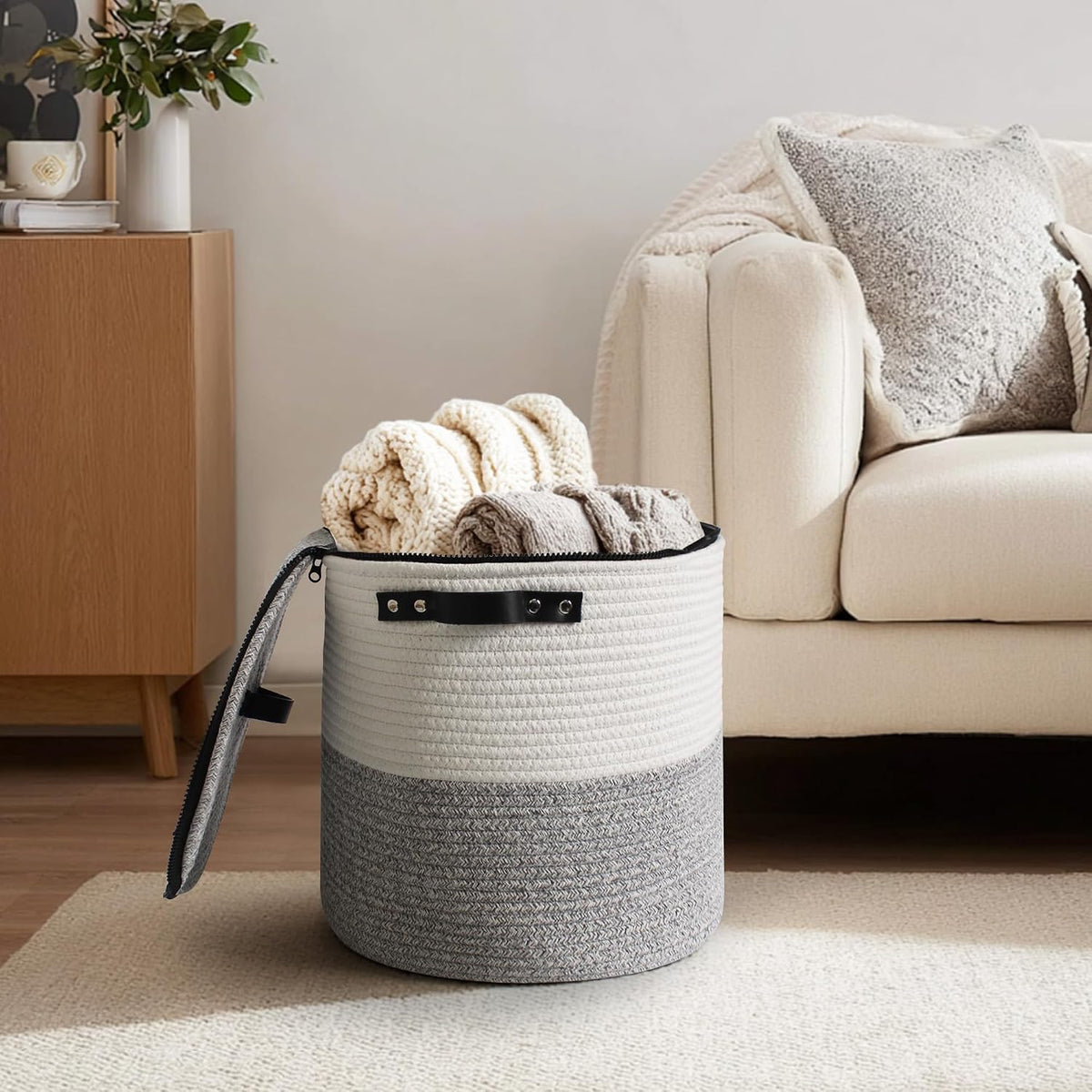 Storage Basket with Lid, 15"x13" Round Woven Blanket Storage for Living Room, Decorative Cotton Rope Hamper with Zipper Top, Wicker Basket with Lid, Floor Covered Kids Dog Toy Bin