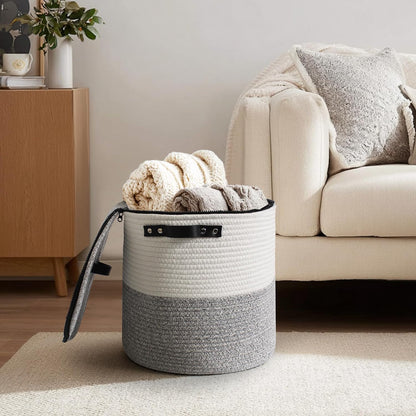 Storage Basket with Lid, 15"x13" Round Woven Blanket Storage for Living Room, Decorative Cotton Rope Hamper with Zipper Top, Wicker Basket with Lid, Floor Covered Kids Dog Toy Bin