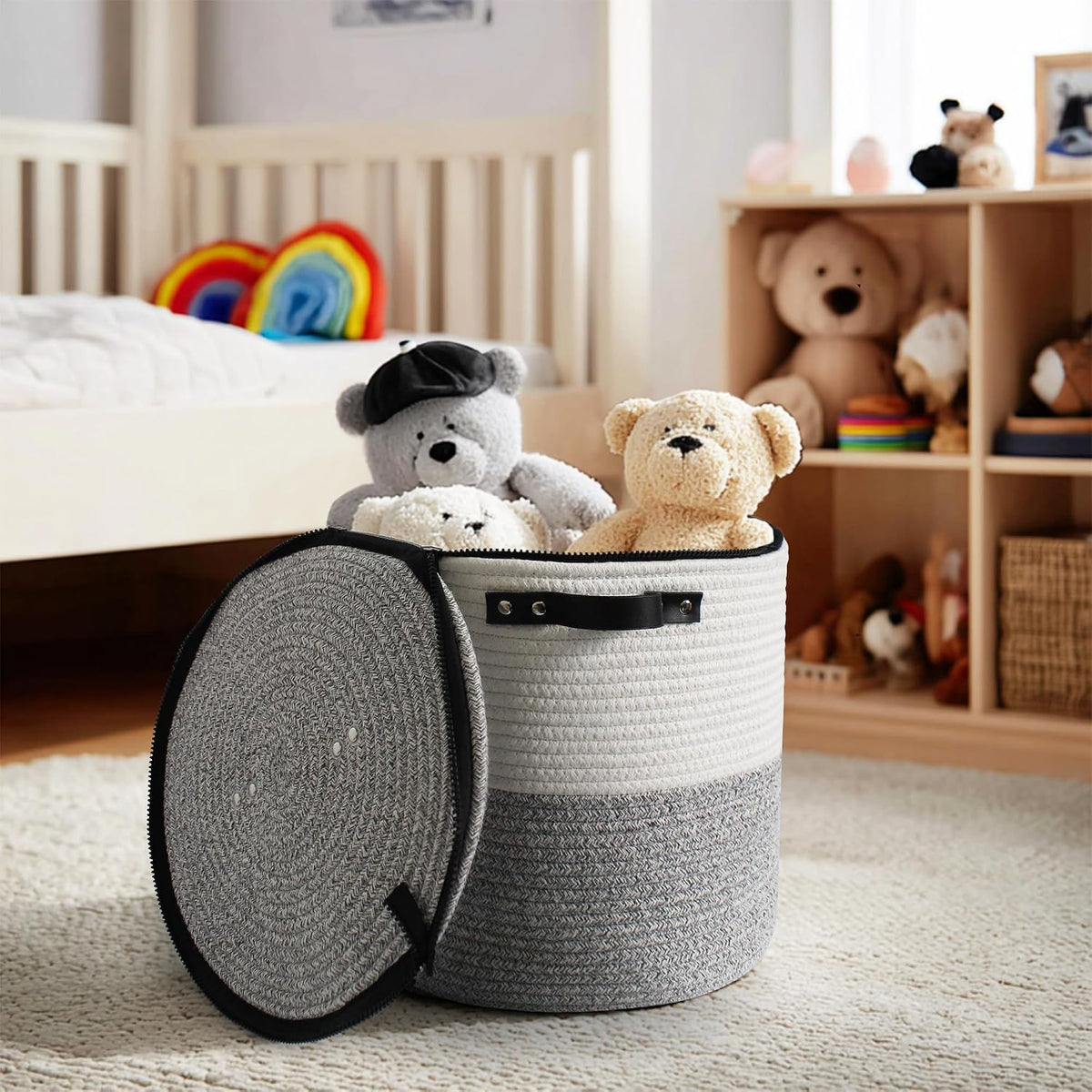Storage Basket with Lid, 15"x13" Round Woven Blanket Storage for Living Room, Decorative Cotton Rope Hamper with Zipper Top, Wicker Basket with Lid, Floor Covered Kids Dog Toy Bin