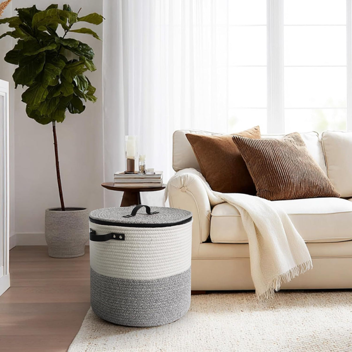 Storage Basket with Lid, 15"x13" Round Woven Blanket Storage for Living Room, Decorative Cotton Rope Hamper with Zipper Top, Wicker Basket with Lid, Floor Covered Kids Dog Toy Bin