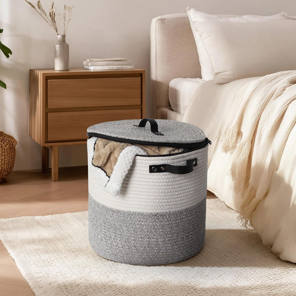 Storage Basket with Lid, 15"x13" Round Woven Blanket Storage for Living Room, Decorative Cotton Rope Hamper with Zipper Top, Wicker Basket with Lid, Floor Covered Kids Dog Toy Bin
