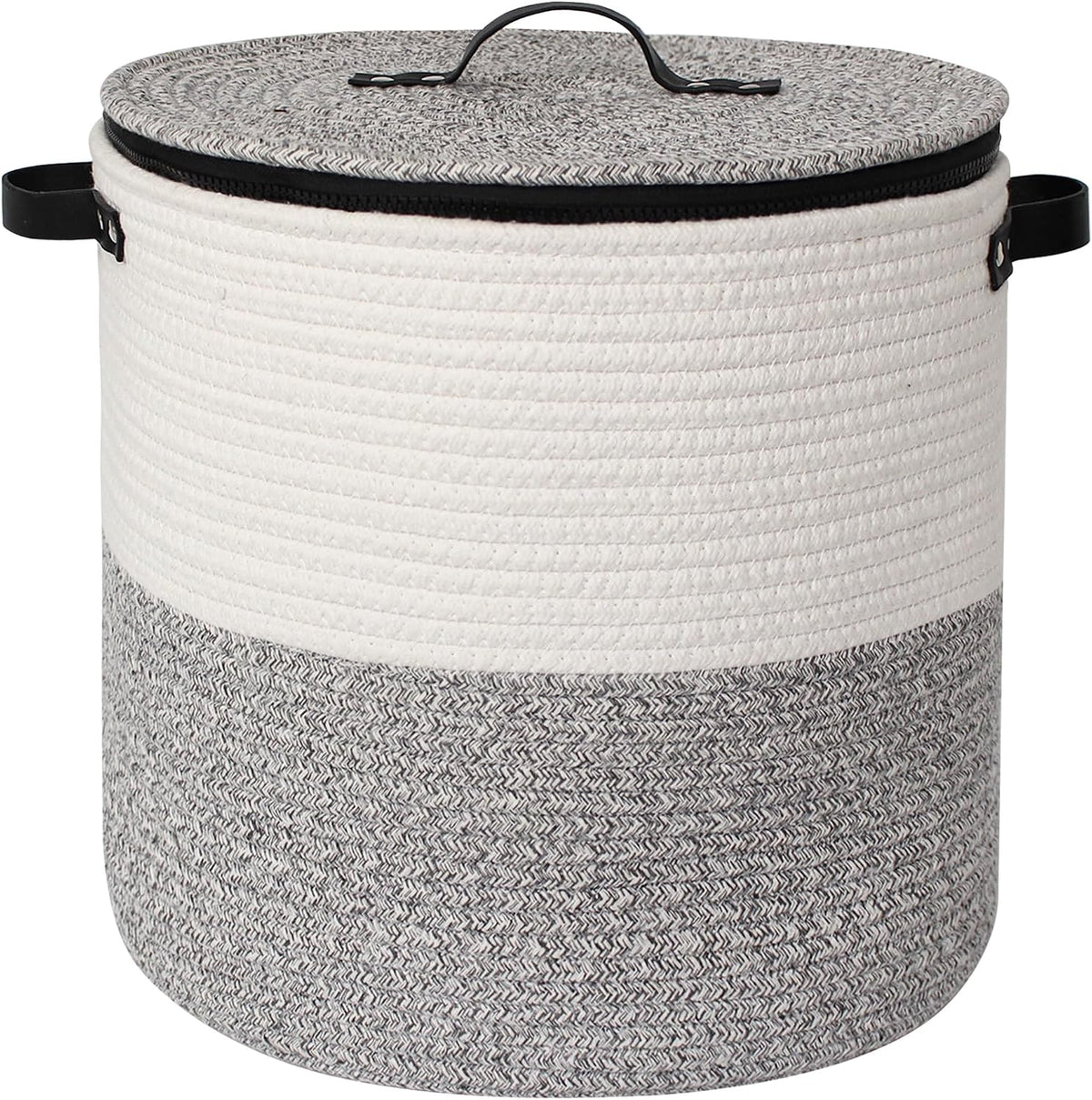 Storage Basket with Lid, 15"x13" Round Woven Blanket Storage for Living Room, Decorative Cotton Rope Hamper with Zipper Top, Wicker Basket with Lid, Floor Covered Kids Dog Toy Bin