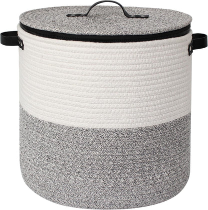 Storage Basket with Lid, 15"x13" Round Woven Blanket Storage for Living Room, Decorative Cotton Rope Hamper with Zipper Top, Wicker Basket with Lid, Floor Covered Kids Dog Toy Bin