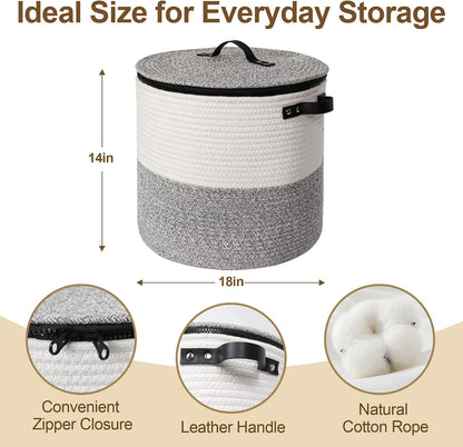 Storage Basket with Lid, 15"x13" Round Woven Blanket Storage for Living Room, Decorative Cotton Rope Hamper with Zipper Top, Wicker Basket with Lid, Floor Covered Kids Dog Toy Bin
