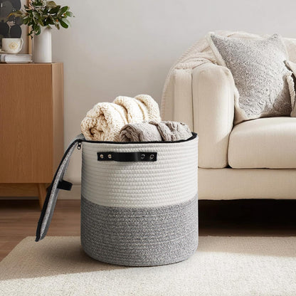 Storage Basket with Lid, 15"x13" Round Woven Blanket Storage for Living Room, Decorative Cotton Rope Hamper with Zipper Top, Wicker Basket with Lid, Floor Covered Kids Dog Toy Bin