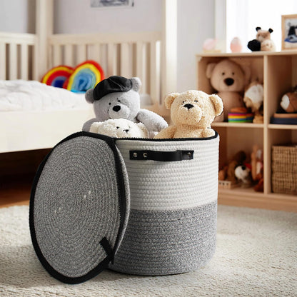 Storage Basket with Lid, 15"x13" Round Woven Blanket Storage for Living Room, Decorative Cotton Rope Hamper with Zipper Top, Wicker Basket with Lid, Floor Covered Kids Dog Toy Bin