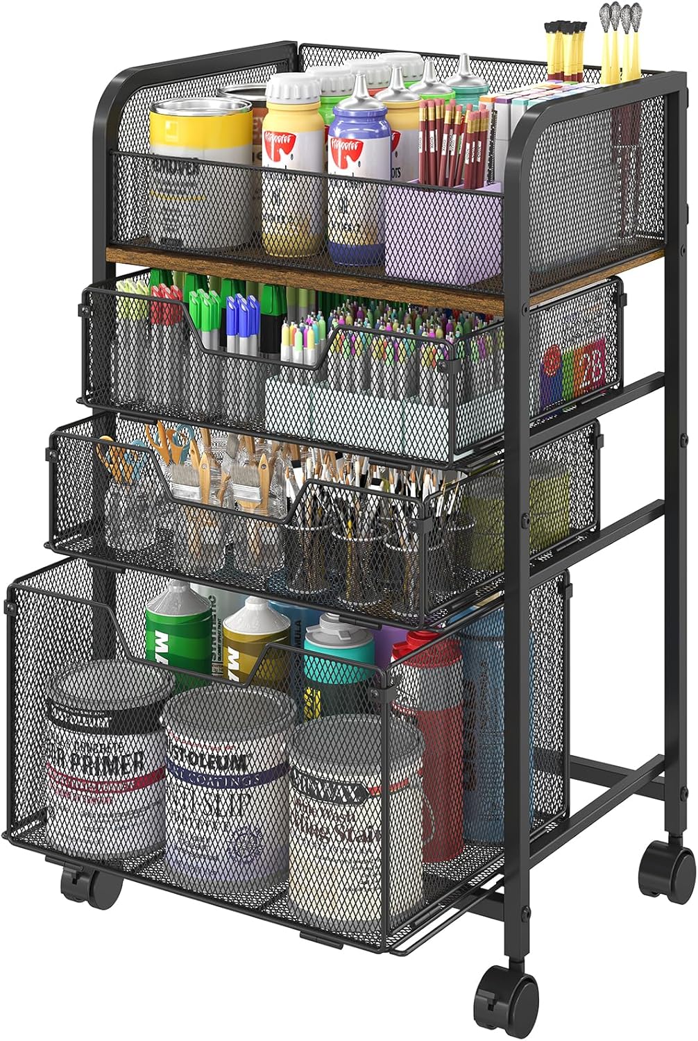 4-Tier Rolling Utility Cart with 3 Drawers-Craft Organizers and Storage with 360° Lockable Wheels,Art Supply Storage Organizer for Art Supplies, Store for Brushes & Paints & Artifacts Patent Pending