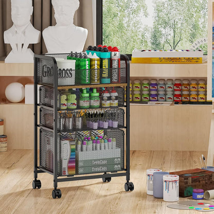 4-Tier Rolling Utility Cart with 3 Drawers-Craft Organizers and Storage with 360° Lockable Wheels,Art Supply Storage Organizer for Art Supplies, Store for Brushes & Paints & Artifacts Patent Pending