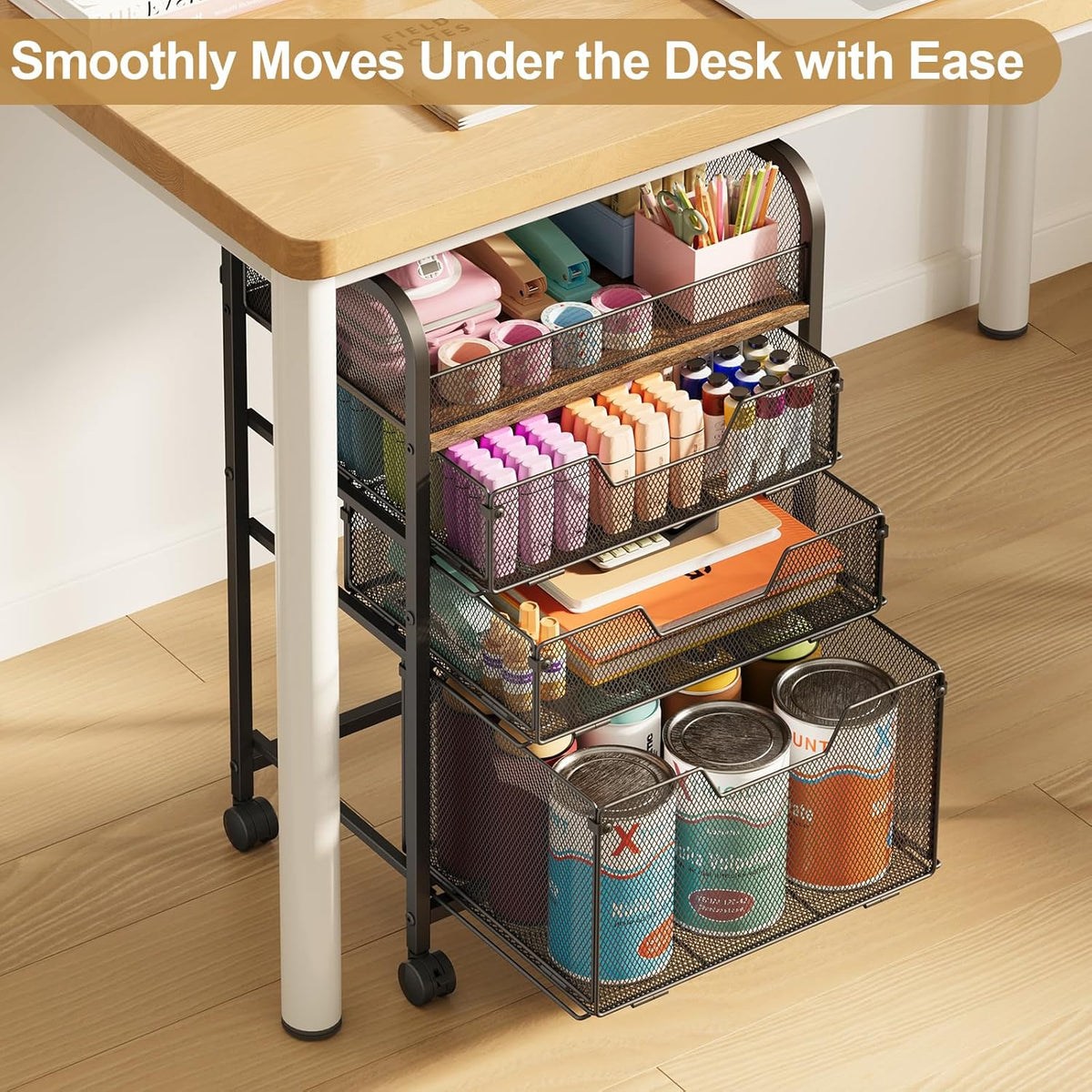 4-Tier Rolling Utility Cart with 3 Drawers-Craft Organizers and Storage with 360° Lockable Wheels,Art Supply Storage Organizer for Art Supplies, Store for Brushes & Paints & Artifacts Patent Pending
