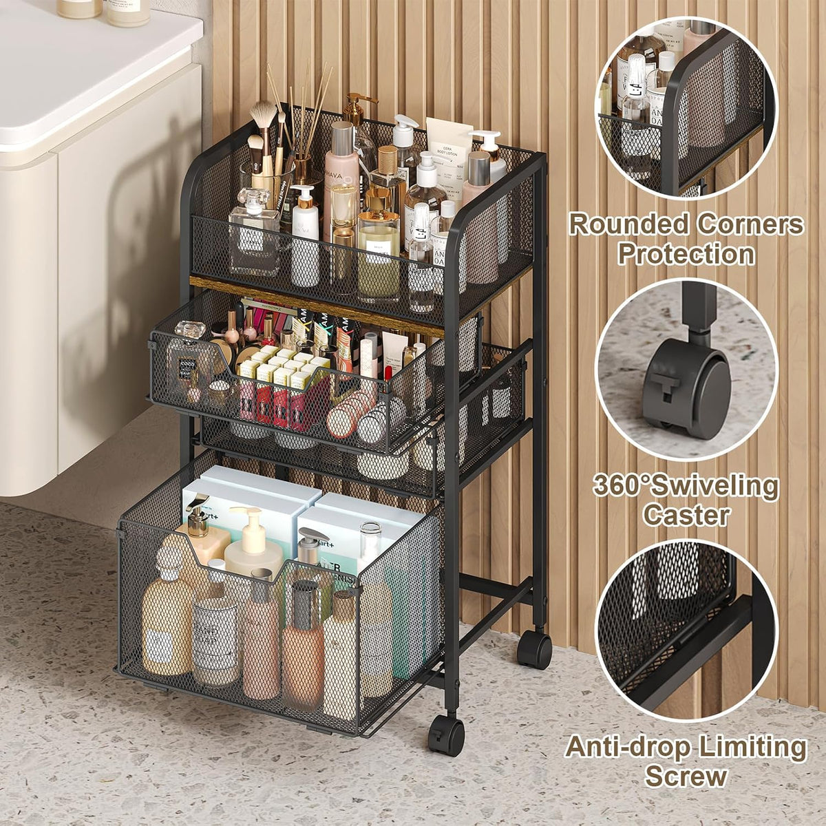 4-Tier Rolling Utility Cart with 3 Drawers-Craft Organizers and Storage with 360° Lockable Wheels,Art Supply Storage Organizer for Art Supplies, Store for Brushes & Paints & Artifacts Patent Pending