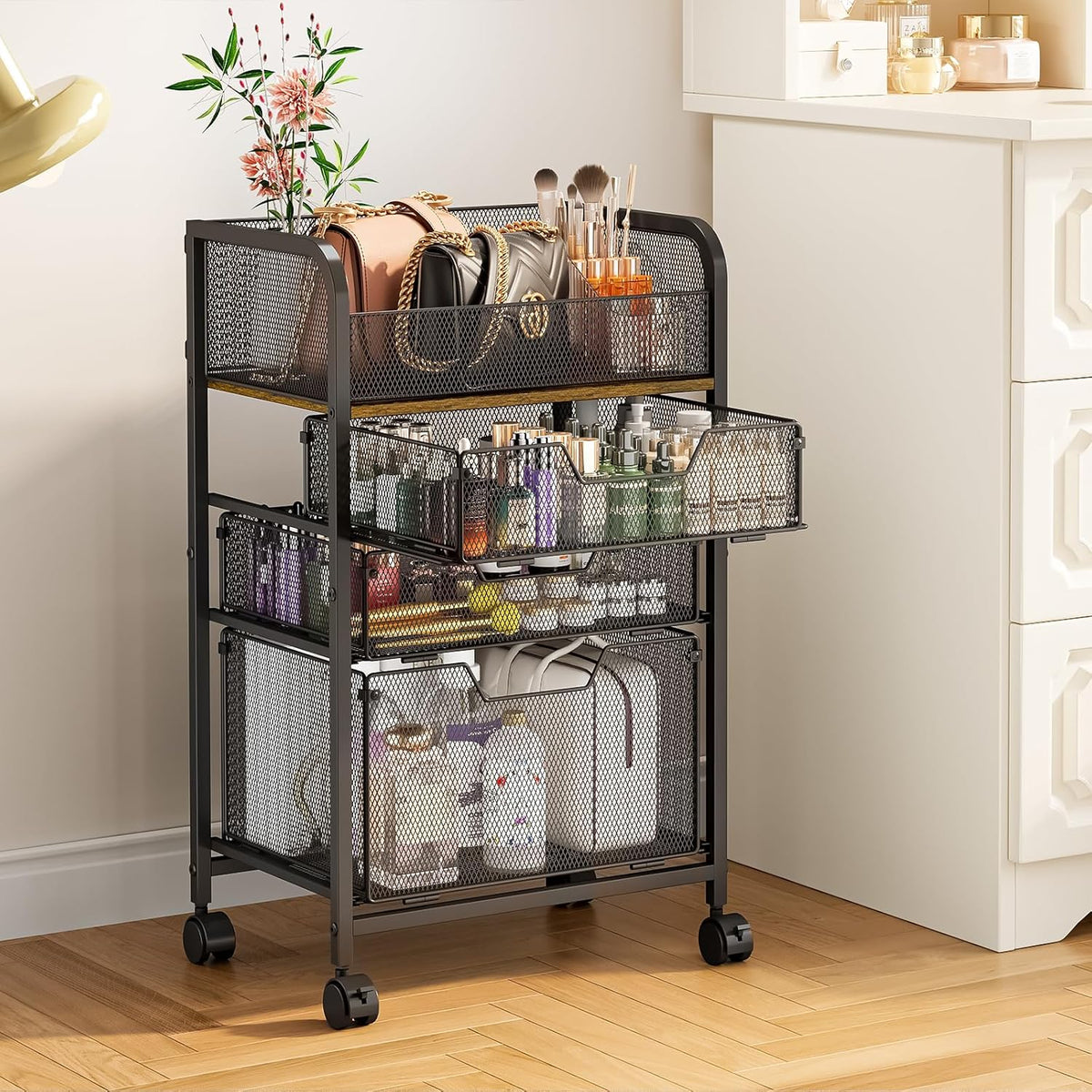 4-Tier Rolling Utility Cart with 3 Drawers-Craft Organizers and Storage with 360° Lockable Wheels,Art Supply Storage Organizer for Art Supplies, Store for Brushes & Paints & Artifacts Patent Pending